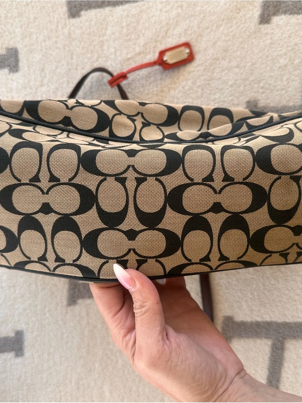 Coach Canvas Tote in Khaki and Black with Brown Leather Trim
